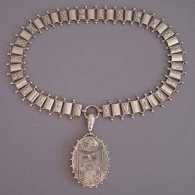 Victorian silver etched book chain necklace with locket 1893